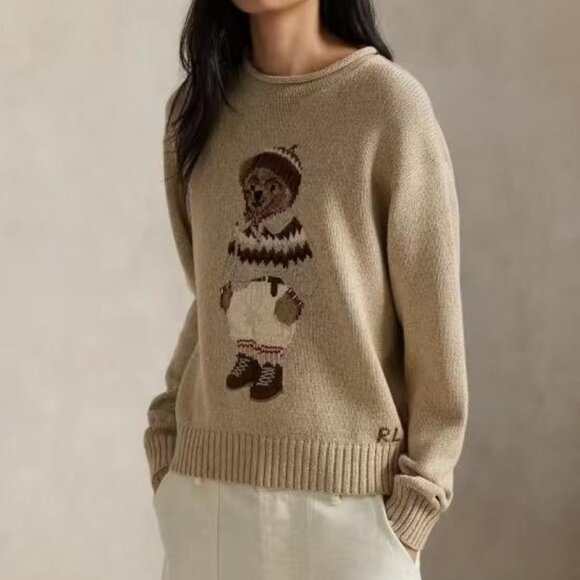 Polo Ralph Lauren Sweater Bear Oatmeal Color Rolled Collar Sweater - Picture 1 of 9